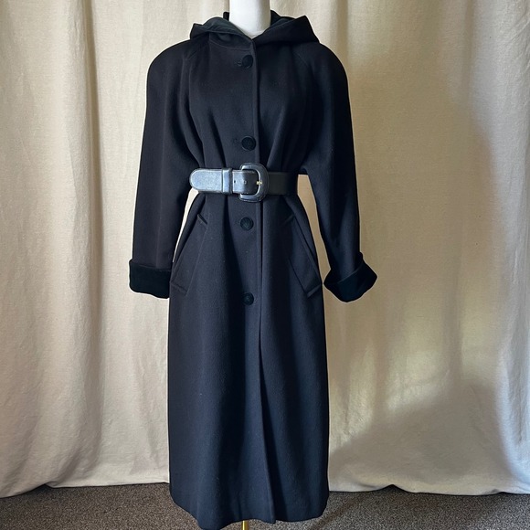 American Vintage Jackets & Blazers - Vintage Forecaster Boston Hooded‎ Wool Coat Black Minimalist Size 8 USA